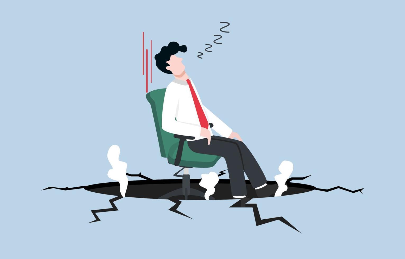 Work inefficiency, laziness employee in organization, procrastination, postpone tasks to do later, taking a nap during working hours concept, Businessman sleeping on office chair falling into hole. vector