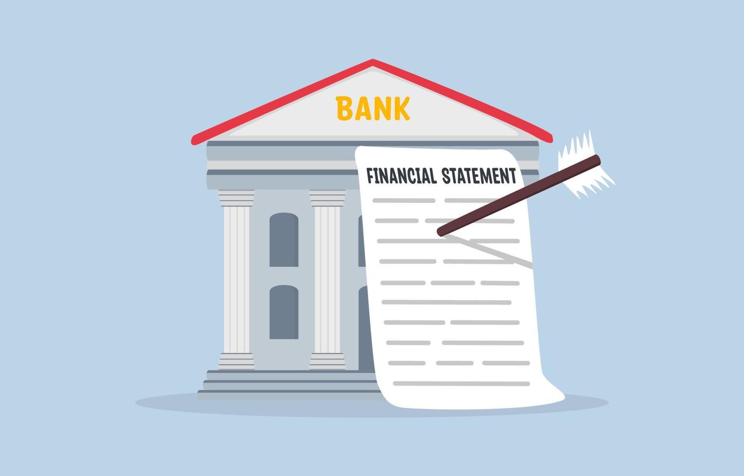 estado financiero para préstamo bancario, envío de datos financieros al banco para la extensión del concepto de crédito, flecha de tiro con arco golpeada en el banco con documento de estado financiero. vector