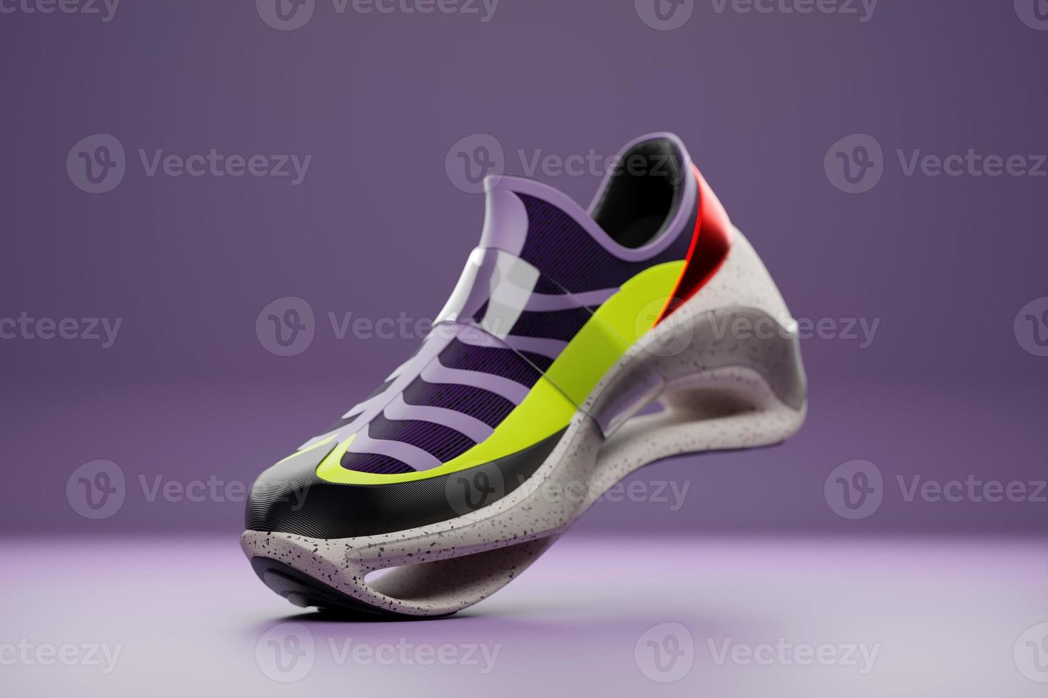 3D illustration of a concept shoe for the metaverse. Colorful  sports boot sneaker on a high platform. photo