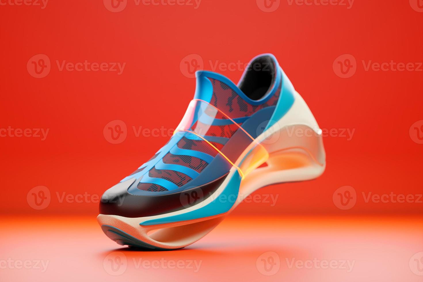 3D illustration of a concept shoe for the metaverse. Colorful  sports boot sneaker on a high platform. photo