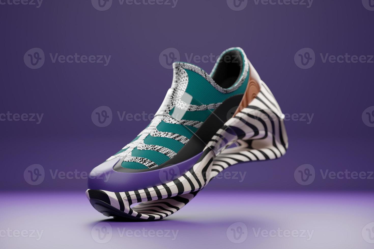 3d illustration of sneakers with bright gradient holographic print. Stylish concept of stylish and trendy sneakers photo
