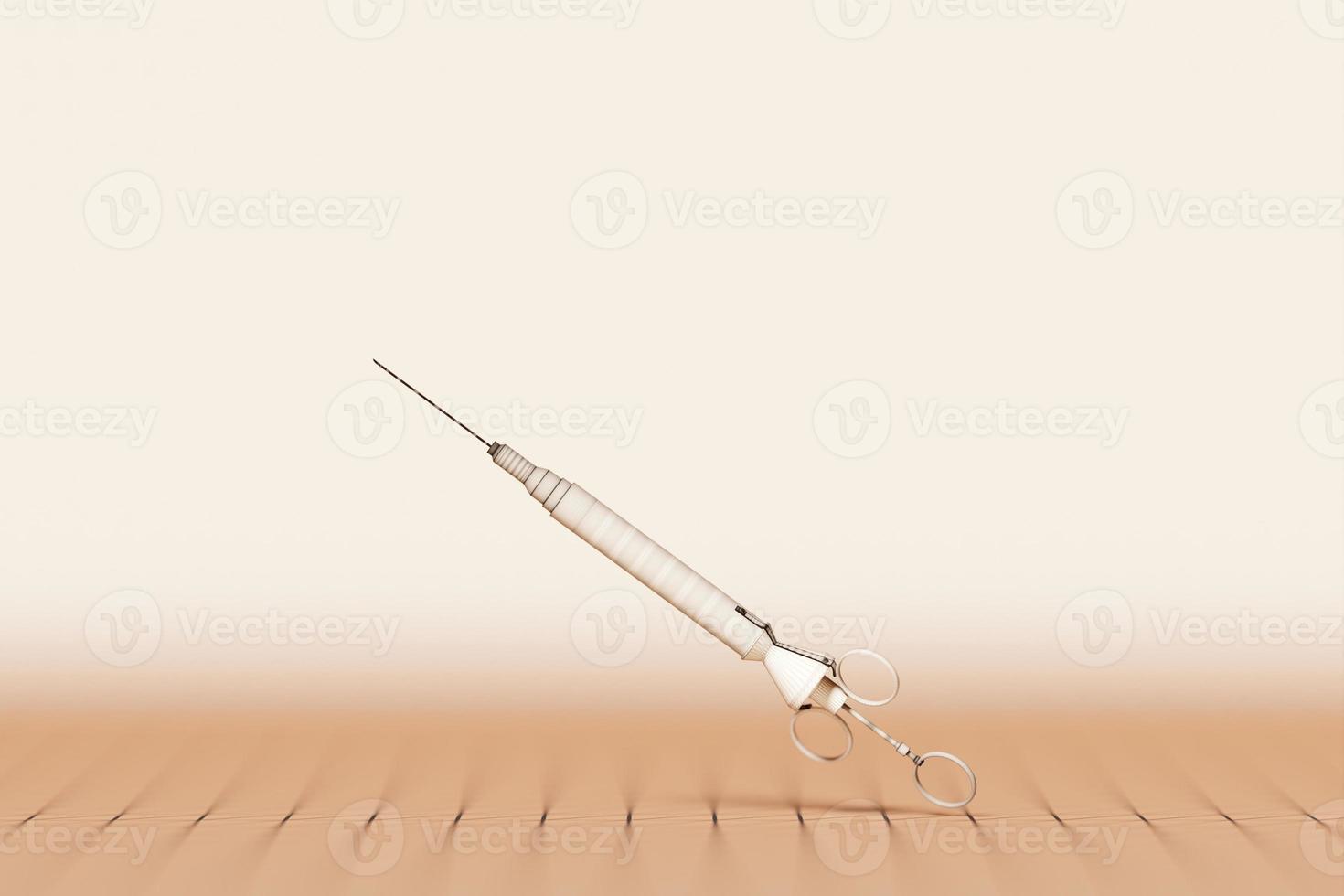 representación 3d primer plano de una jeringa beige con una vacuna contra enfermedades graves sobre un fondo monocromo. vacunación contra el coronovirus y control de pandemias foto