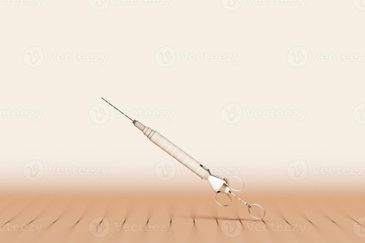 3D rendering. Close up of a beige syringe with a vaccine against serious diseases on a monochrome  background.  Coronovirus vaccination and pandemic control photo