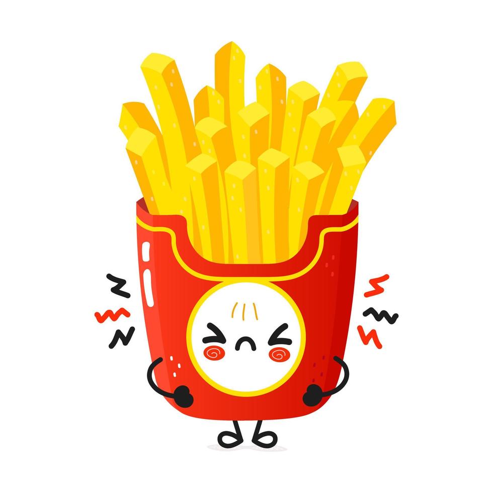 lindo personaje enojado de papas fritas. icono de ilustración de personaje kawaii de dibujos animados dibujados a mano vectorial. aislado sobre fondo blanco. triste concepto de personaje de papas fritas vector