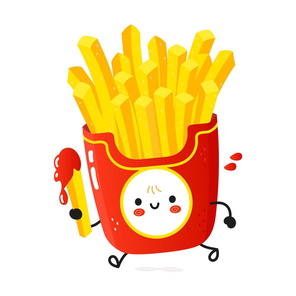 lindas y divertidas papas fritas corriendo. icono de ilustración de personaje kawaii de dibujos animados dibujados a mano vectorial. aislado sobre fondo blanco. ejecuta el concepto de papas fritas vector