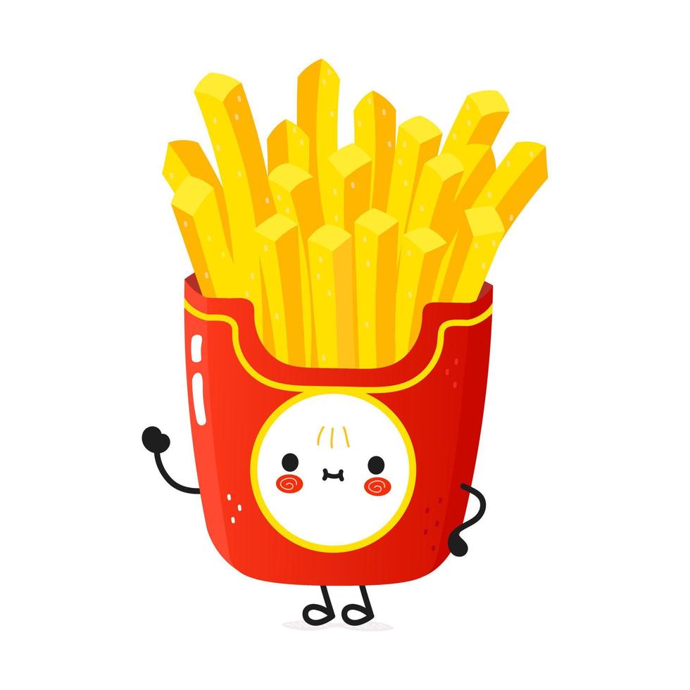 Cute funny french fries waving hand character. Vector hand drawn cartoon kawaii character illustration icon. Isolated on white background. French fries character concept