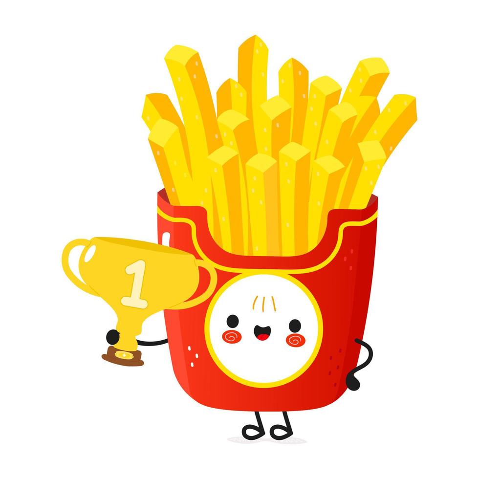 Cute funny french fries hold gold trophy cup. Vector hand drawn cartoon kawaii character illustration icon. Isolated on white background. French fries with winner trophy cup