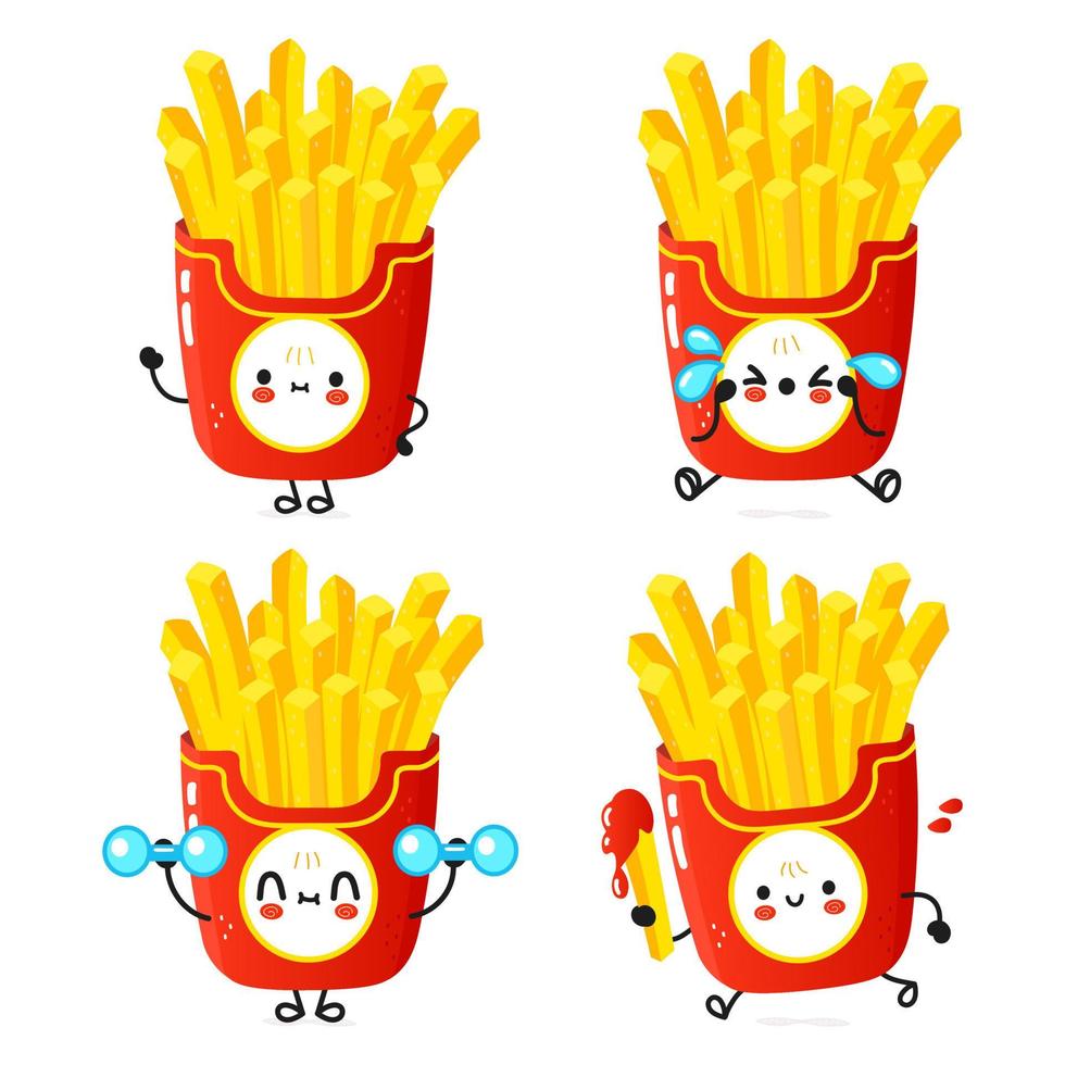 Funny cute happy french fries characters bundle set. Vector hand drawn doodle style cartoon character illustration icon design. Cute french fries mascot character collection