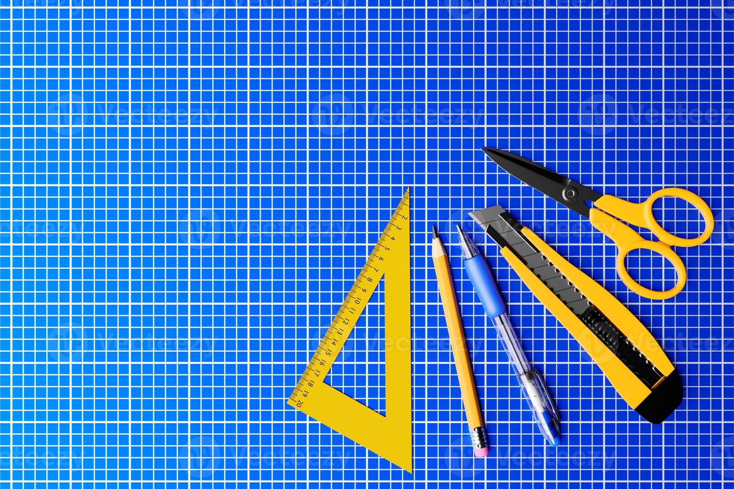 3D illustration yellow  cutter, scissors,  pencil, pen and ruller on blue background. 3D render and illustration of repair and installation tool photo