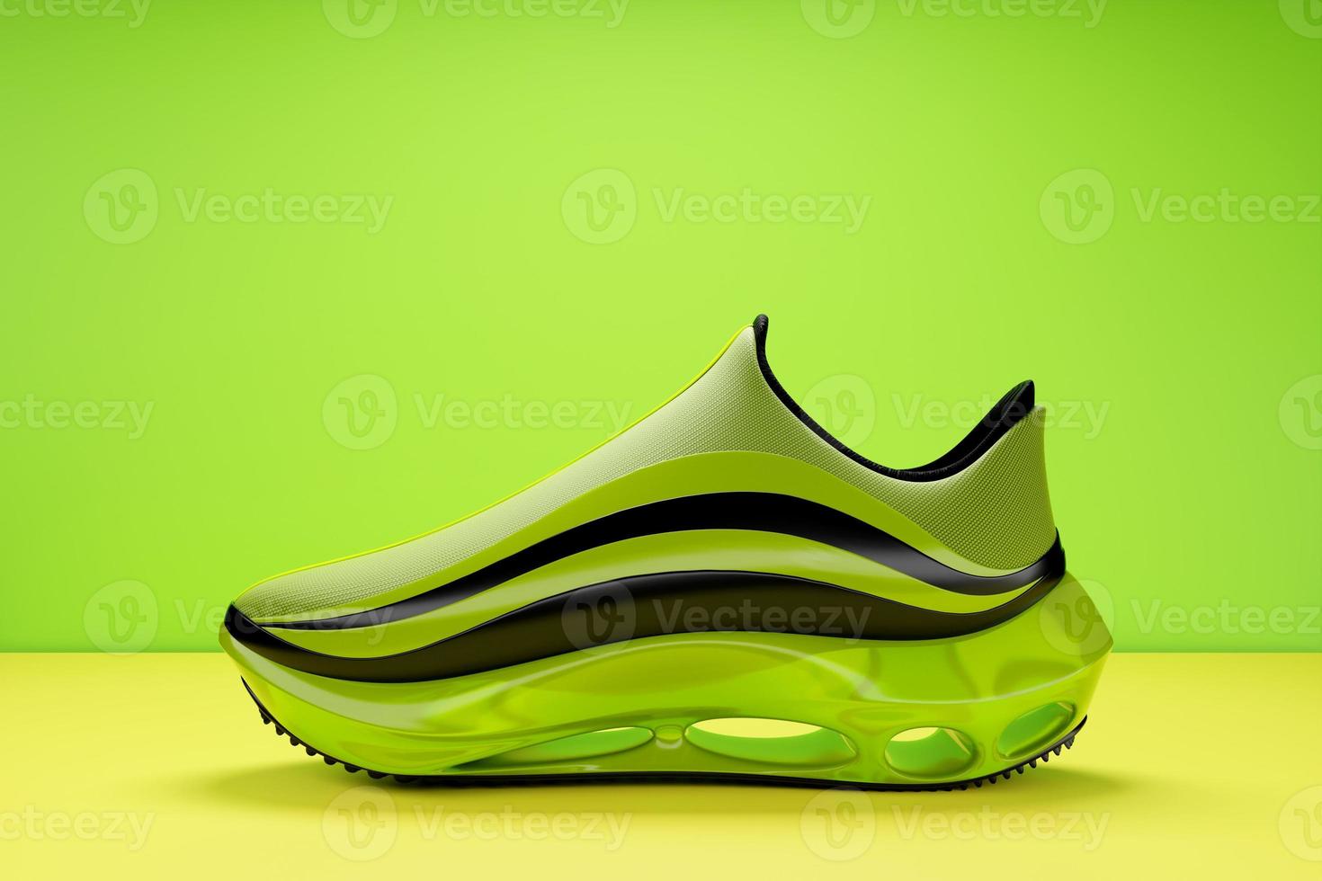 3d illustration green  new sports sneakers  on a huge foam sole on green solated background , sneakers in an ugly style. Fashionable sneakers. photo