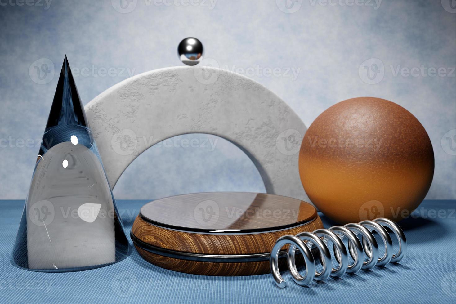 3d illustration of a wooden circle podium stand on the  gray background . 3d rendering. Minimalism geometry background photo