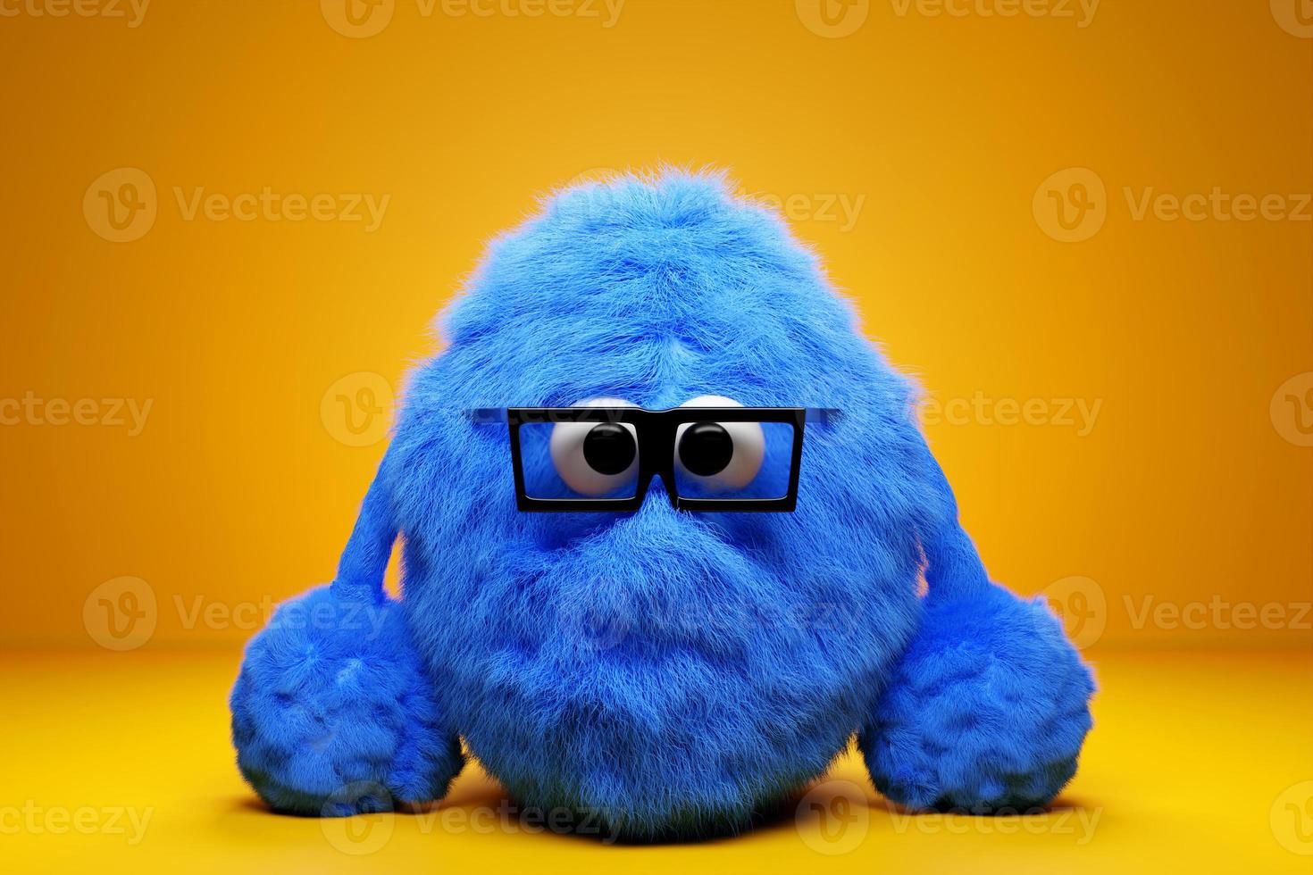 3D illustration of a funny furry  blue monster with eyes and glasses on a yellow isolated background. Funny emoticon monster for child's design photo