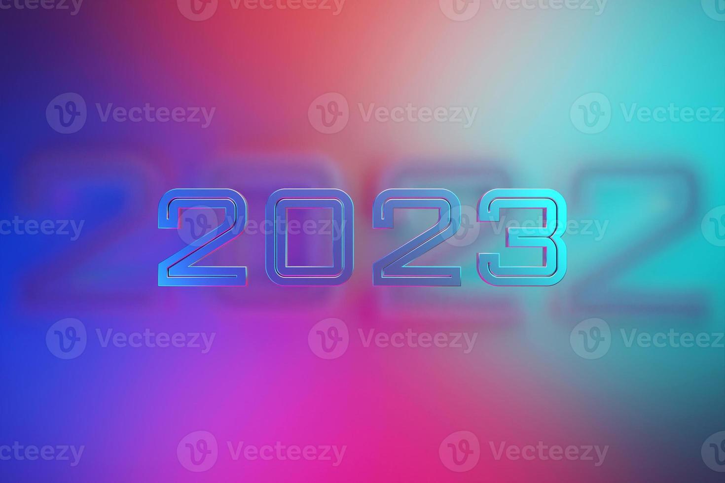 3D illustration inscription 2023 on a blue and pink  background. Changeability of years. Illustration of the symbol of the new year. photo