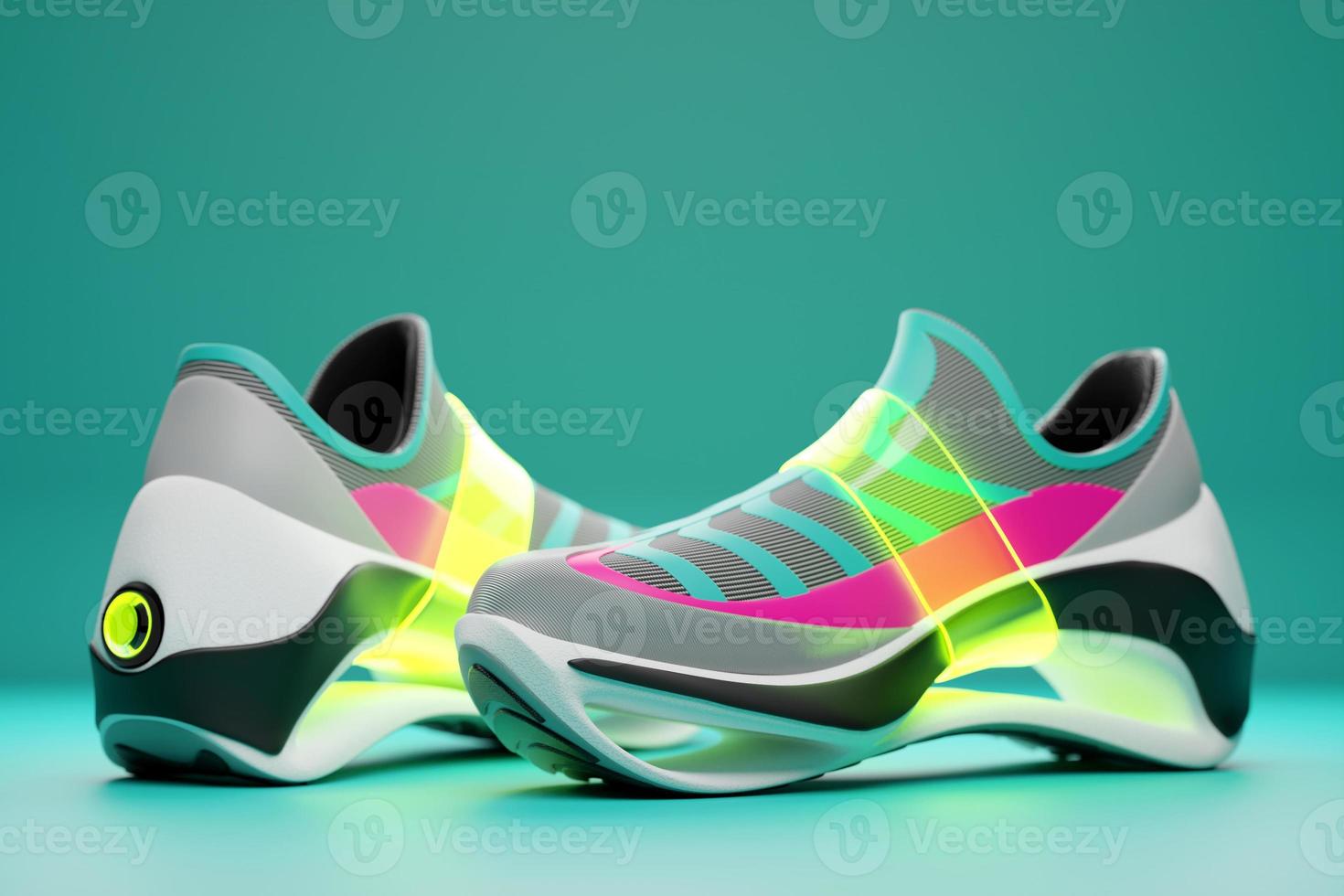 Colorful sneakers  on the sole. The concept of bright fashionable sneakers, 3D rendering. photo