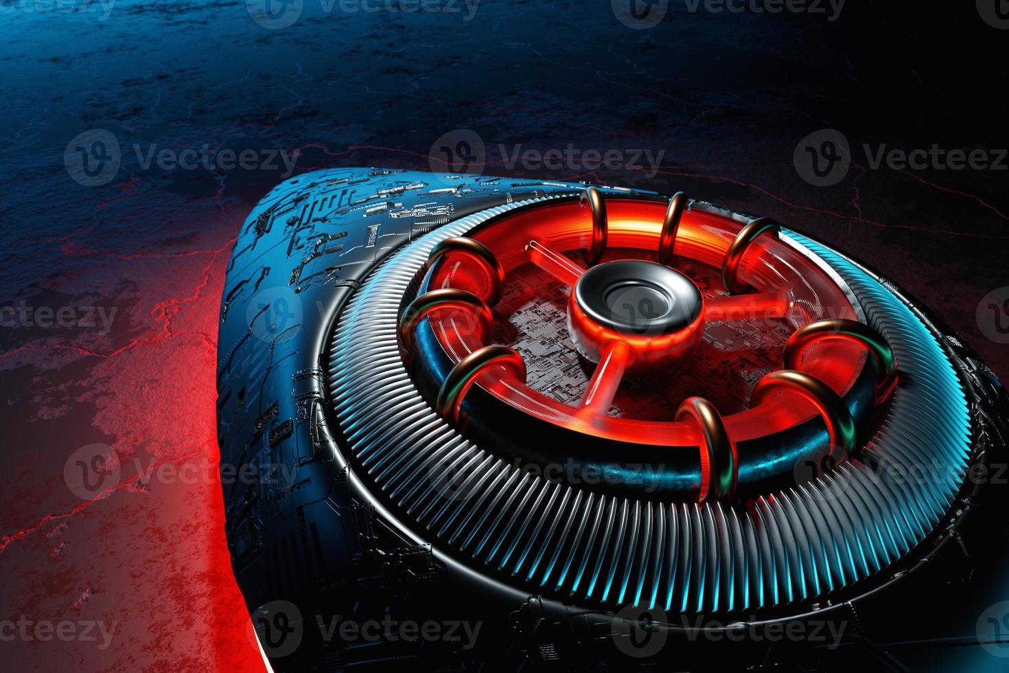 3D rendering future engine rocket turbine technology under blue and purple light.  Futuristic part of a spacecraft turbine photo