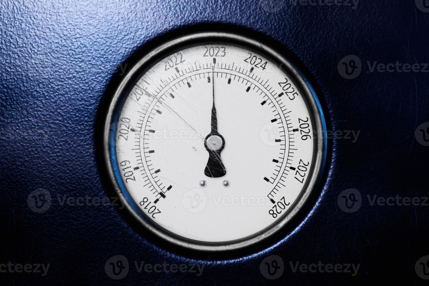 Round temperature gauge  with cutoffs 2023 and other years  isolated on a black panel. Circular barometer or indicator template. 3d illustration photo