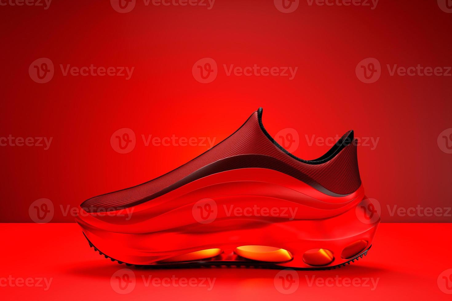Red sneakers with high soles isolated on a red  background. 3D rendering photo