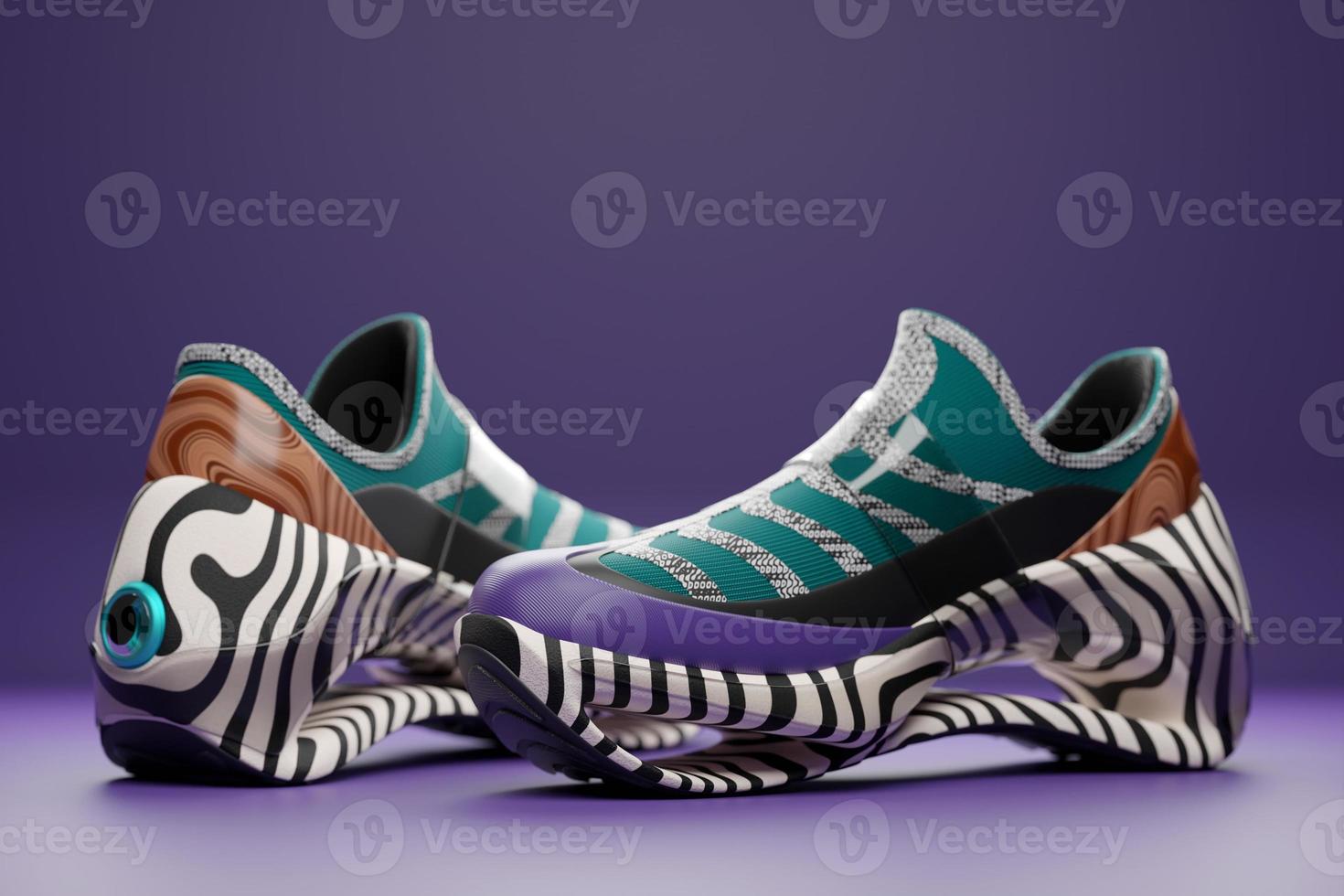 Bright sneakers with animal print on the sole. The concept of bright fashionable sneakers, 3D rendering. photo