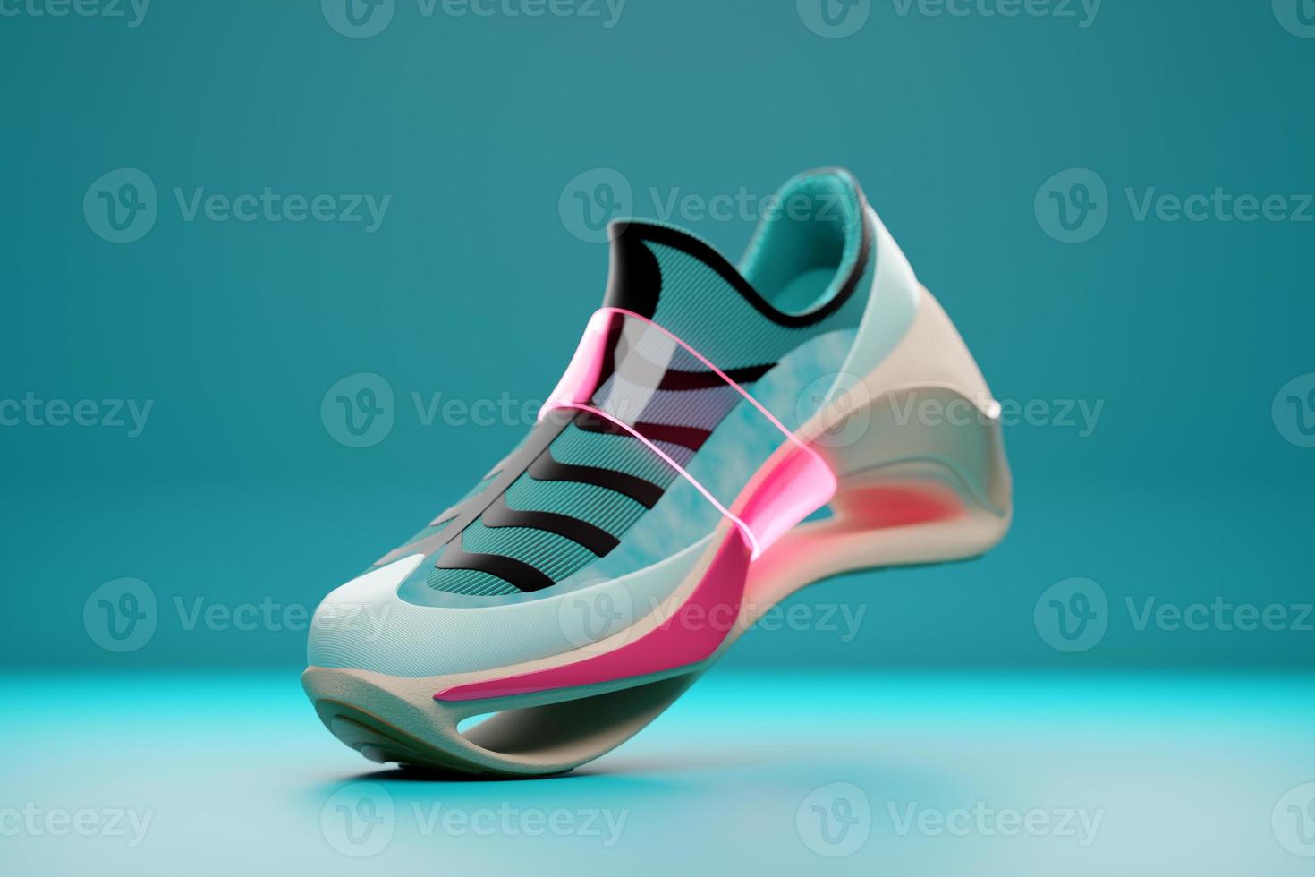 3D illustration of a concept shoe for the metaverse. Colorful  sports boot sneaker on a high platform. photo
