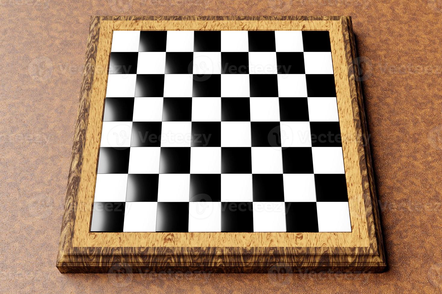 3D Illustration  Cute Wooden Chess Board on brown table. Empty chess board photo