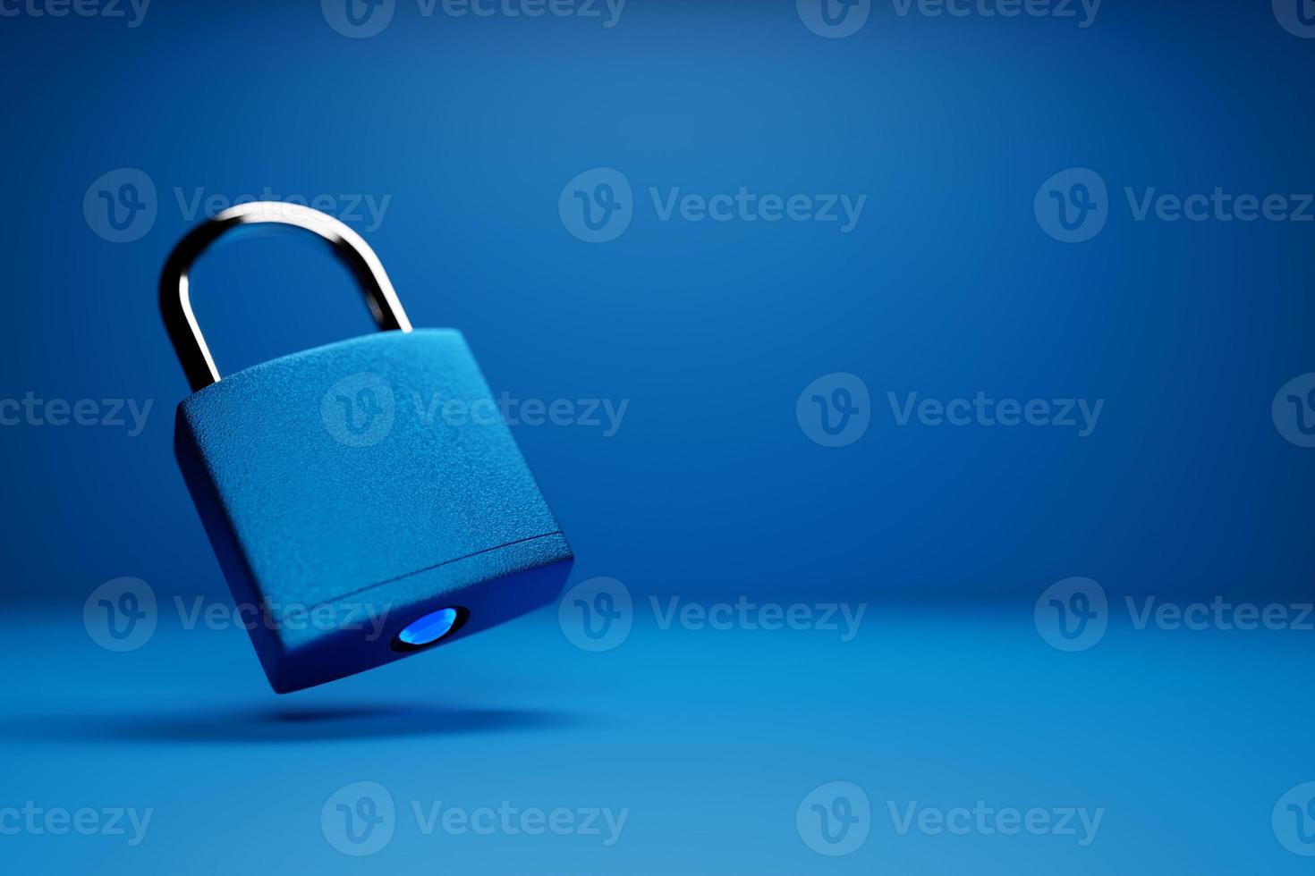 3D illustration of the blue metal padlock isolated on monocrome background photo