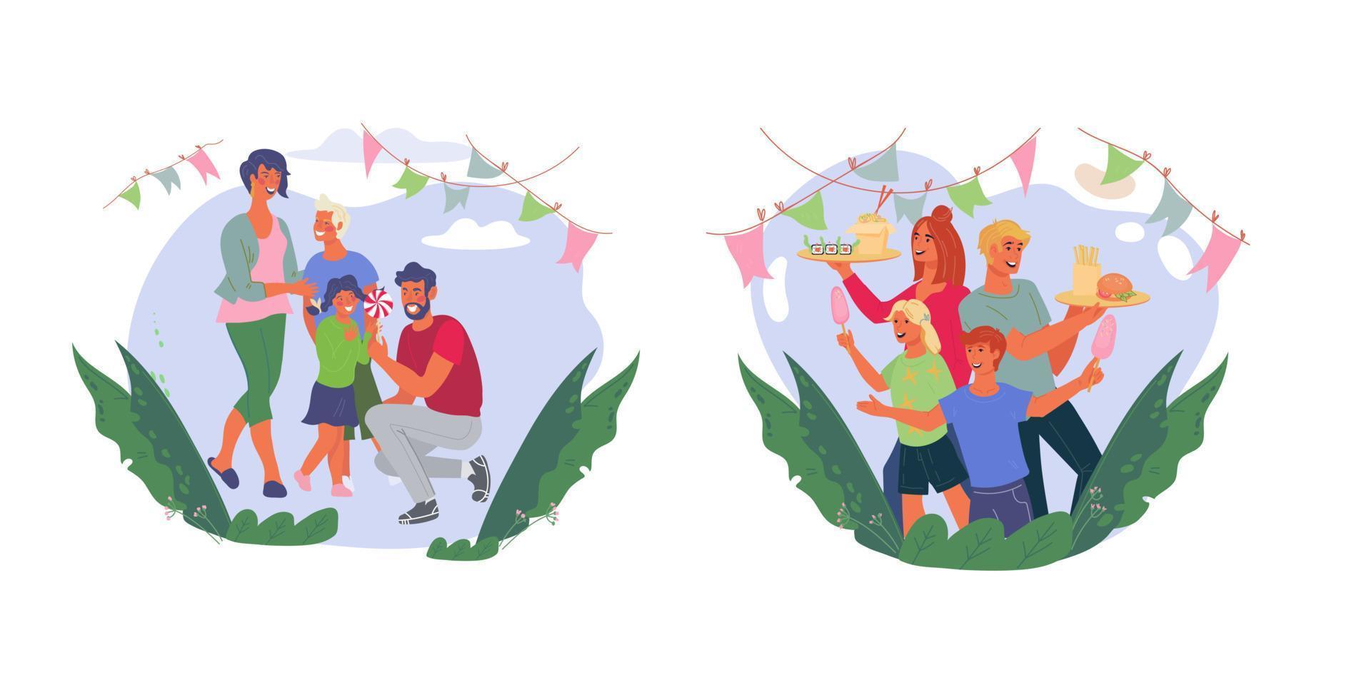 Set characters with people buying snacks while walking in the park or at a street food festival. Family vacation outdoors and eating out - concept. Flat vector illustration isolated.