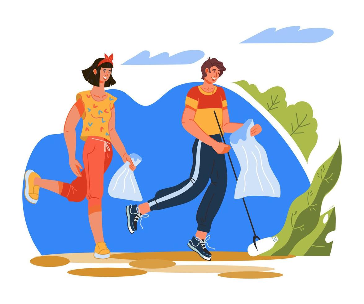 Plogging ecological challenge concept with running people picking up trash into litter bags. Ecology and recycling, planet clean from waste. Flat cartoon vector illustration isolated.