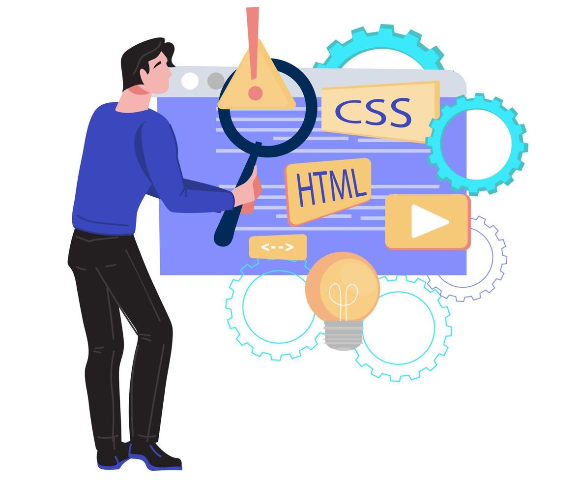 Website or app software development, programming, flat cartoon vector illustration isolated on white background.