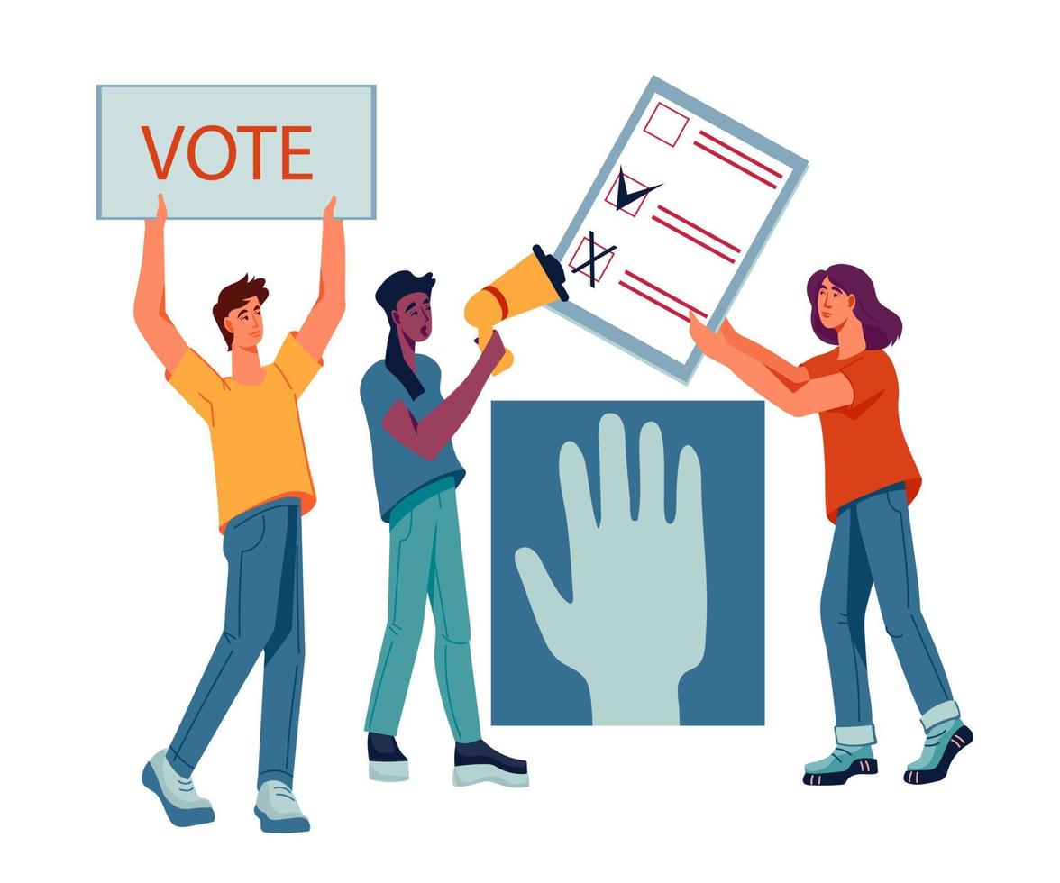 People voting - democracy and the concept of political rights. Online referendum and election choices. Citizens vote in political elections. Vector flat cartoon illustration isolated.