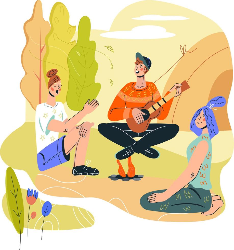 escena de campamento de verano con gente turistas sentados alrededor de la hoguera y cantando canciones. tiempo de aventura y actividad recreativa, ocio activo en la naturaleza y viajes. ilustración vectorial de dibujos animados plana. vector