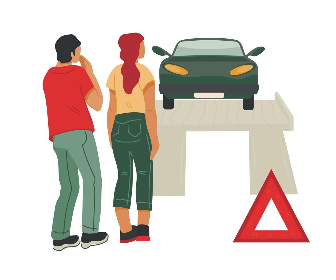 Tow truck taking car after road accident or breakdown. Evacuation of cars for diagnostics, repair, and replacement of parts. Service of roadside assistance or towing. Vector illustration isolated.