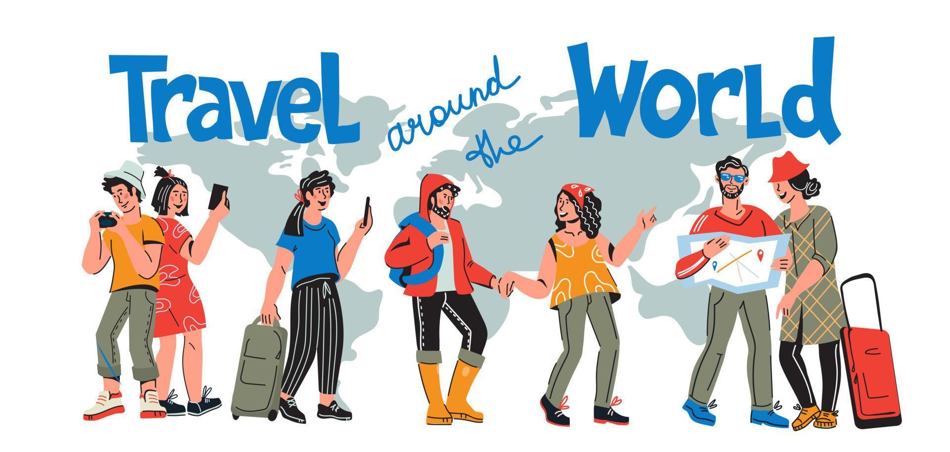 International tourism banner with travelers. Characters of young people traveling around the world at map background. Vacation tour and journey concept. Flat cartoon vector illustration.
