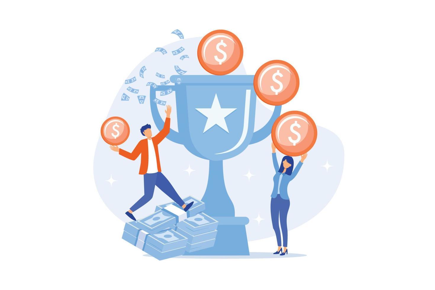 Money prize, trophy, deserved reward. Team success, championship, high achievement. Monetary award recipients, winners cartoon characters. Vector illustration