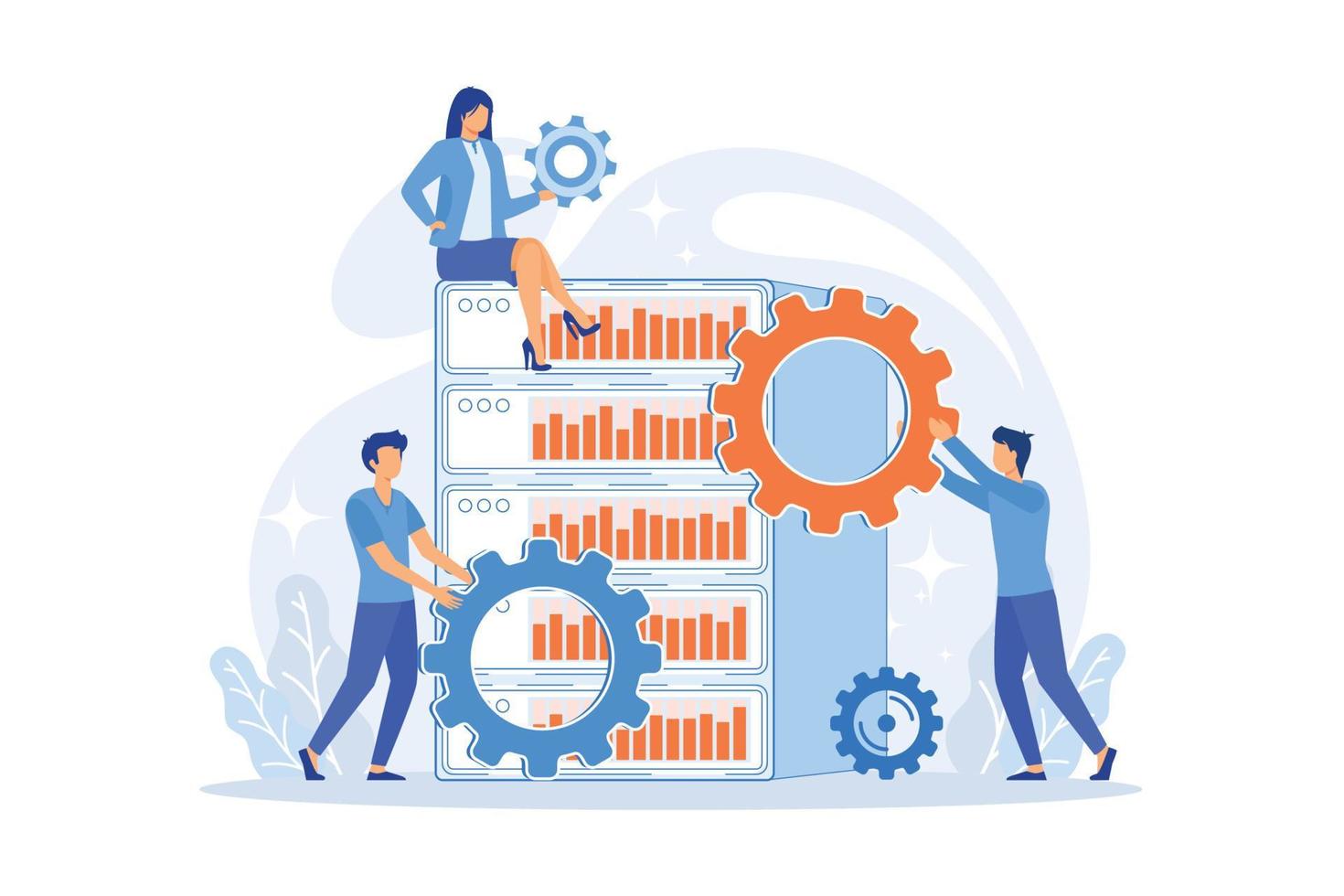 Server hardware maintenance. Teamwork fixing gear. Data storage, ethernet cluster, datacenter system. Supercomputer infrastructure. Workstation domain. Vector illustration