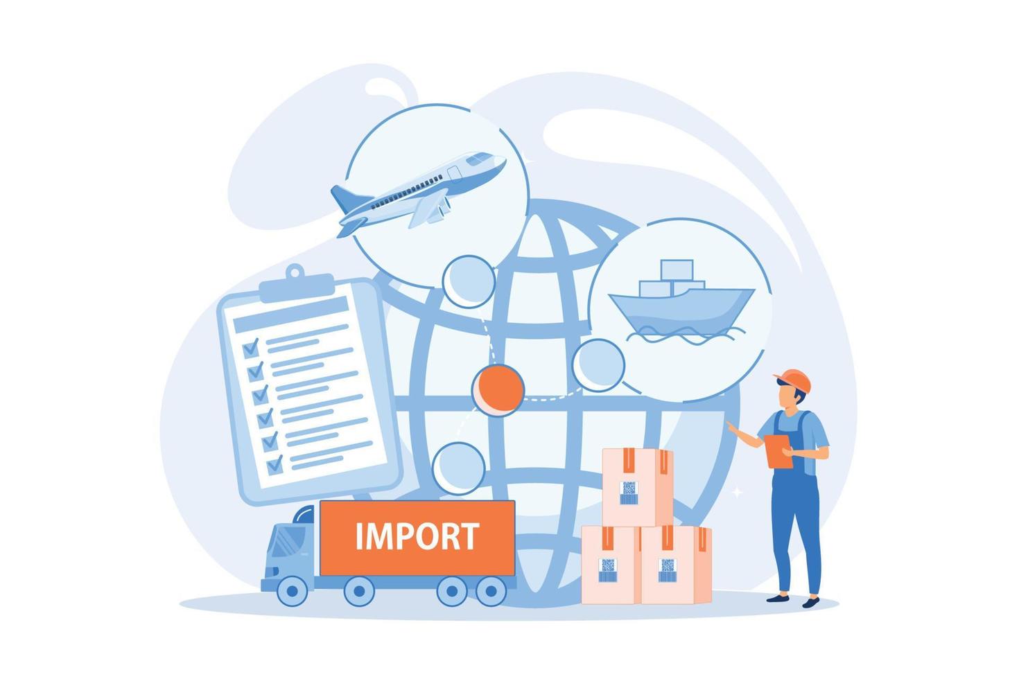 Rutas comerciales internacionales establecidas. venta de productos en el extranjero. control de exportaciones, materiales controlados de exportación, concepto de servicios de licencias de exportación. ilustración vectorial vector