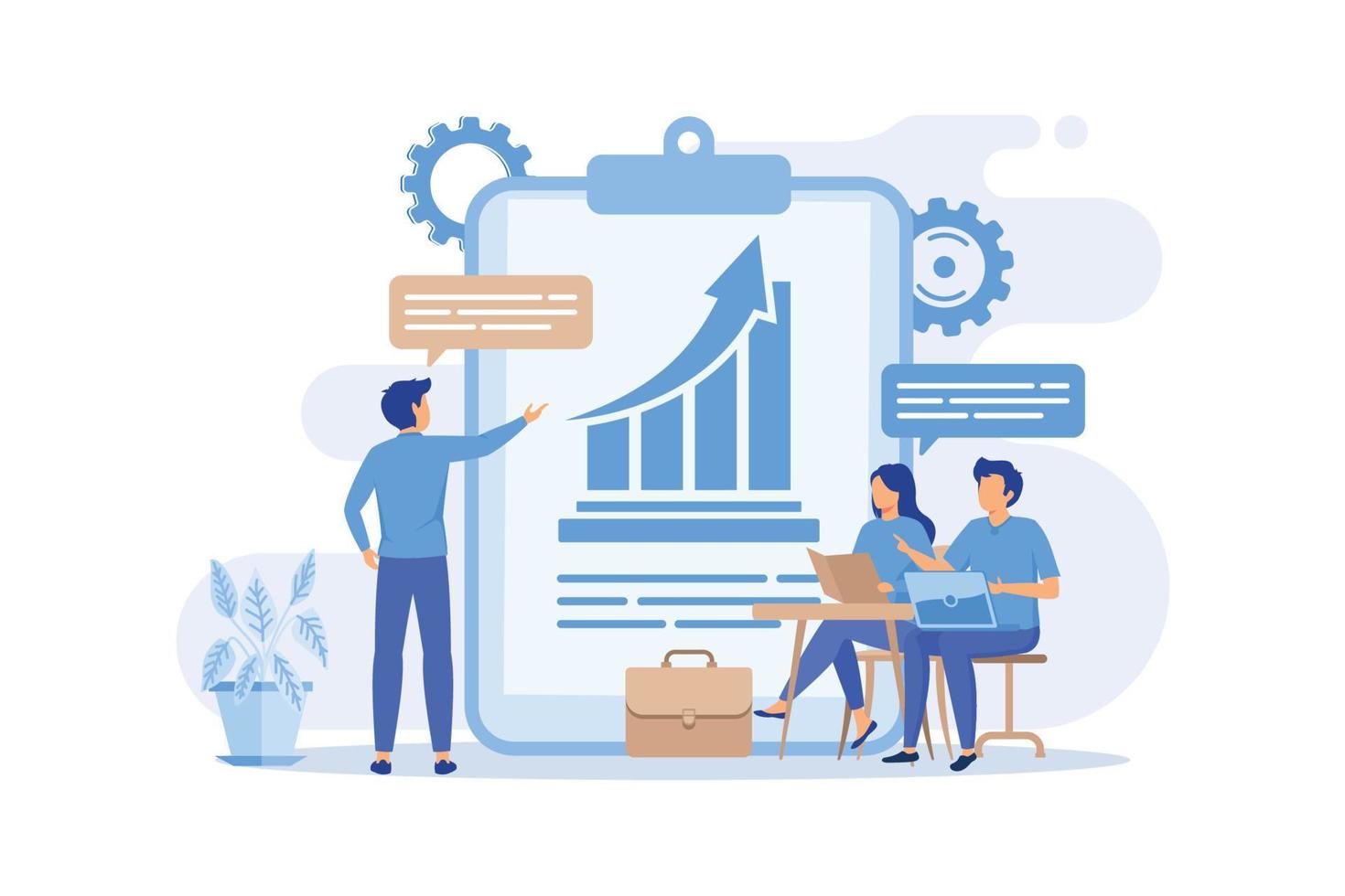 Managers meeting. Business mentorship, workers conference, company strategy discussion. Mentor teaching employees. Teamwork and cooperation. Vector illustration