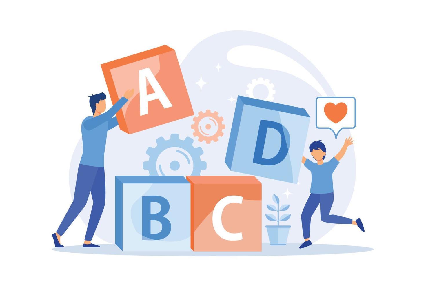 Primary school education. Developing games, entertaining study, elementary grade. Little schoolboy and educator playing with abc blocks. Vector illustration