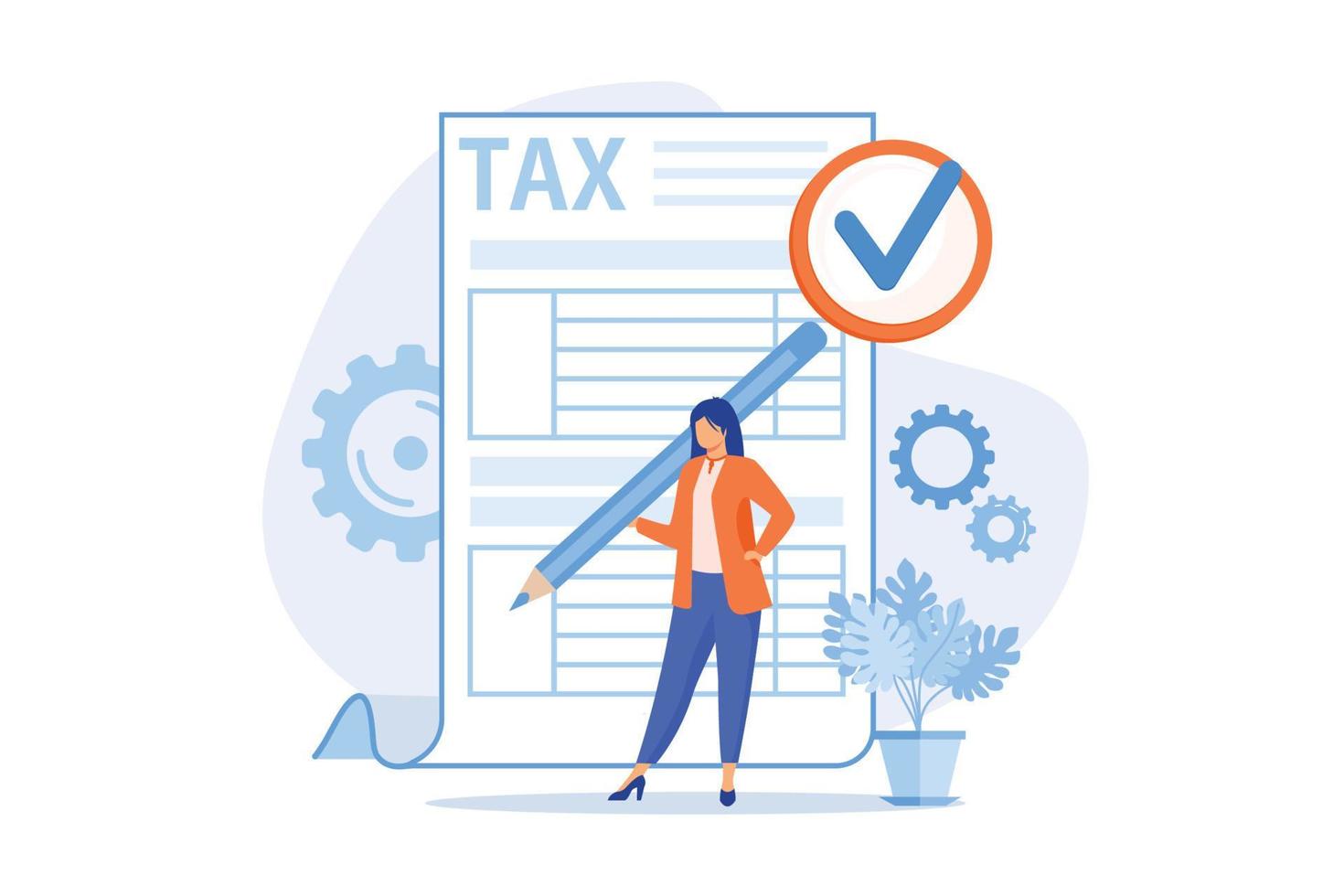 Taxes calculation. Financial management. Achieving success. Completed labour, noted obligation, executed task. Responsible man ticking list with pencil. Vector illustration