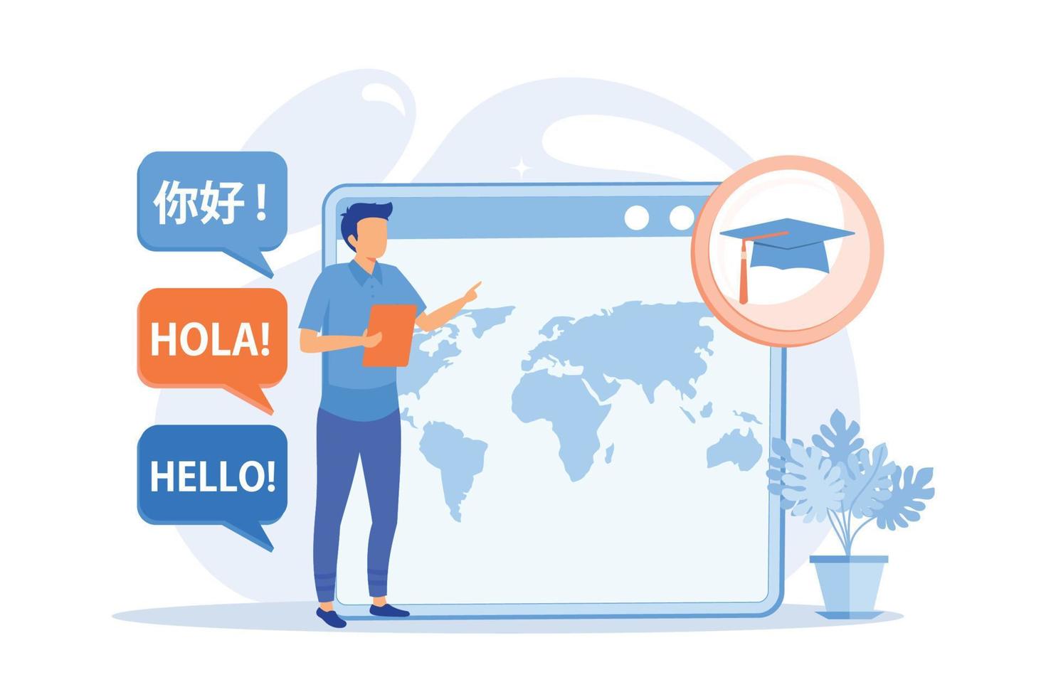 Foreign languages translating. Linguistics science, machine translation, university students exchange program. Language learning courses. Vector illustration