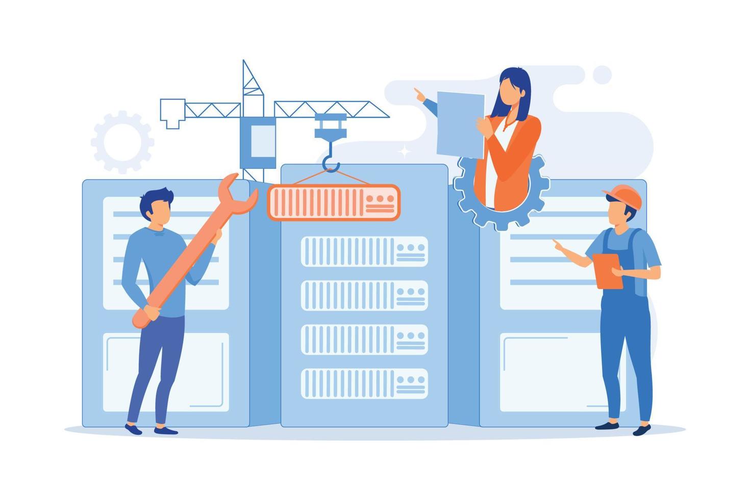 Engineers consolidating and structuring data in the center. Big data engineering, massive data operation, big data architecture concept. vector illustration