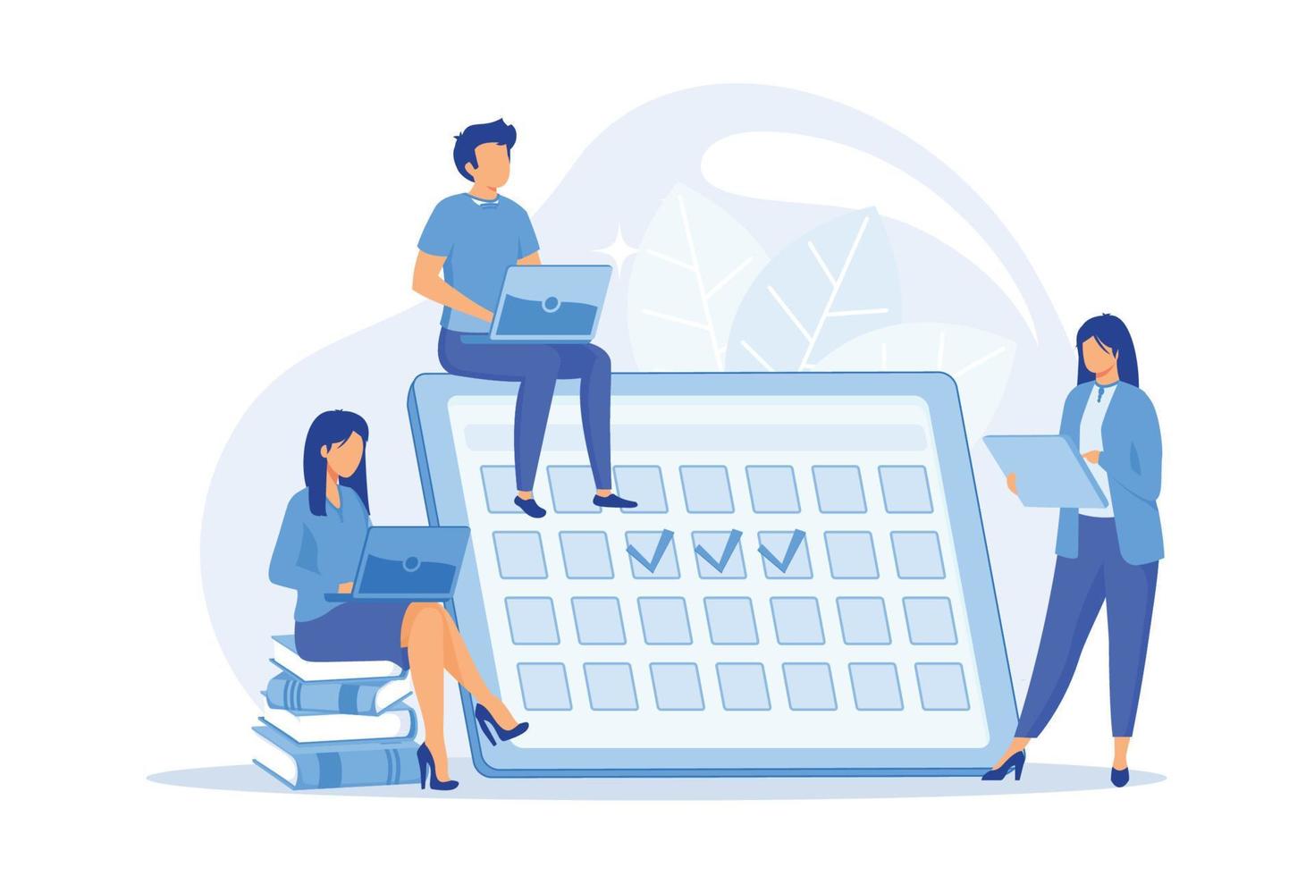 Colleagues working together. Workflow organization, effective task planning, deadline calendar. Effective teamwork, productivity management. Vector illustration