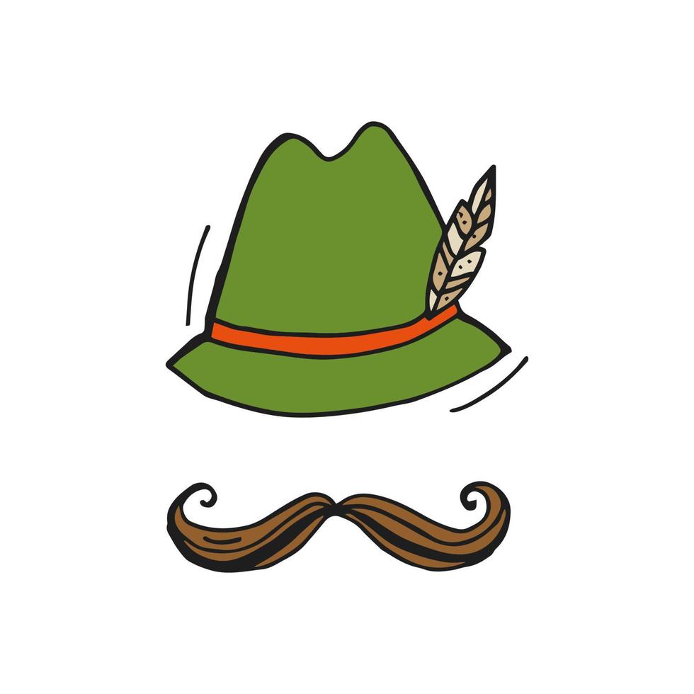 Oktoberfest 2022 - Beer Festival. Hand-drawn Doodle green hat with a feather and brown moustache on a white background. German Traditional holiday. vector