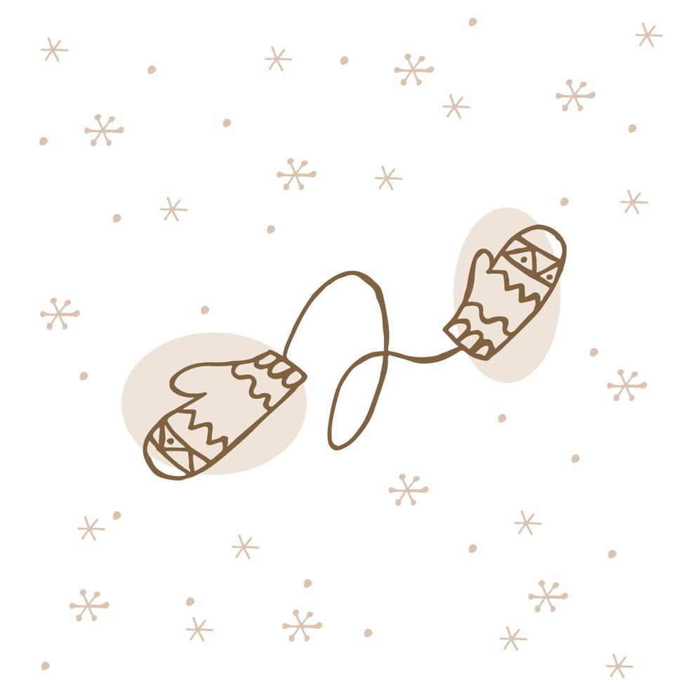 A hand-drawn winter clothing. Vector illustration in doodle style. Winter mood. Hello 2023. Merry Christmas and Happy New Year. Brown mittens with ornament on a white background with snowflakes.