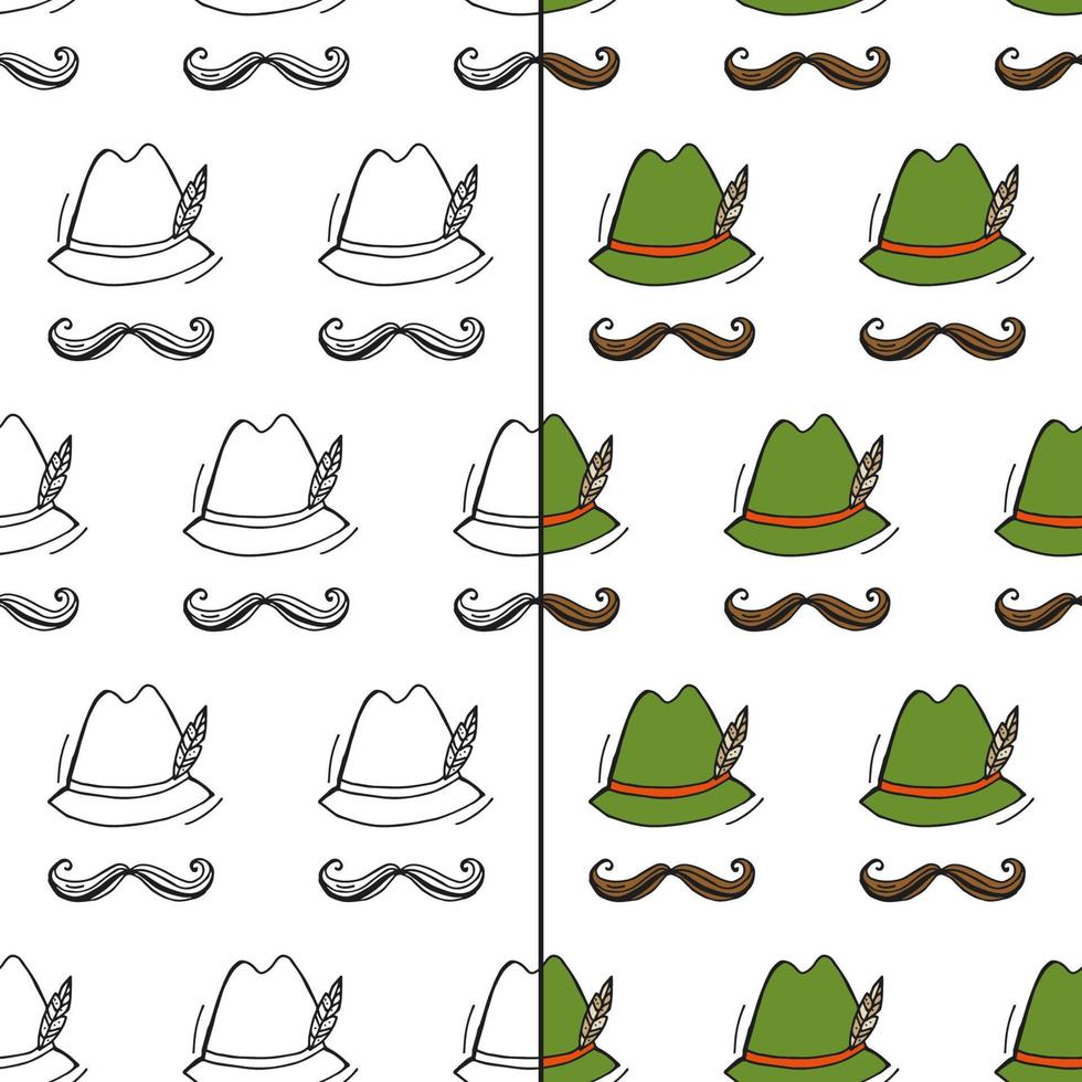 Oktoberfest 2022 - Beer Festival. Hand-drawn Doodle elements. Seamless Pattern. German Traditional holiday. Colored Outline hats with a feather and mustache on a white background. vector