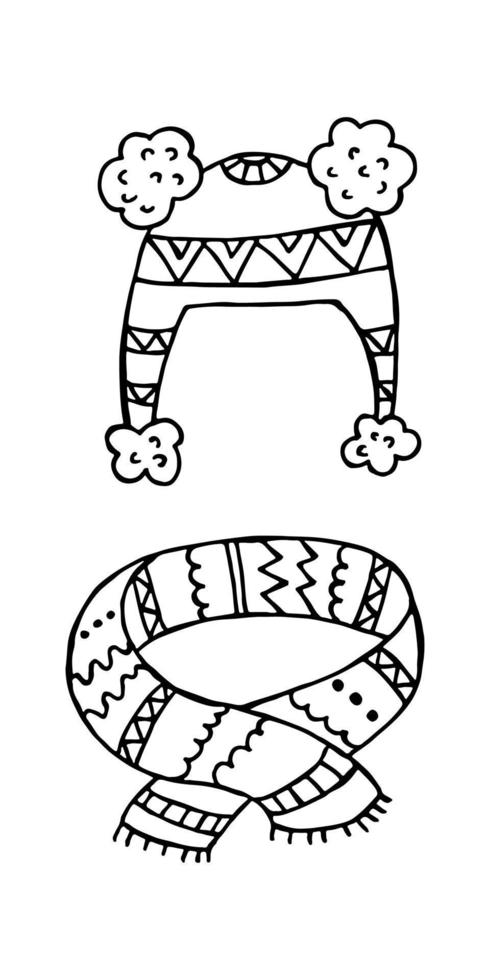 A set of hand-drawn winter clothing. Vector illustration in doodle style. Winter mood. Hello 2023. Merry Christmas and Happy New Year. Black hat and scarf on a white background.
