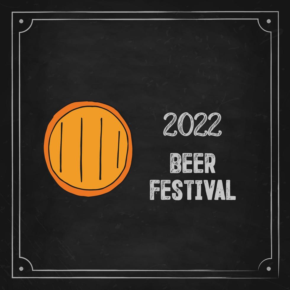 Oktoberfest 2022 - Beer Festival. Hand-drawn Doodle Elements. German Traditional holiday. Color barrel of beer on a black chalk board with lettering. vector