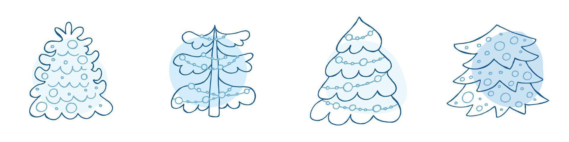 un conjunto de árboles de navidad dibujados a mano. ilustración vectorial en estilo garabato. estado de ánimo de invierno. hola 2023. feliz navidad y próspero año nuevo. elementos azules sobre un fondo blanco. vector