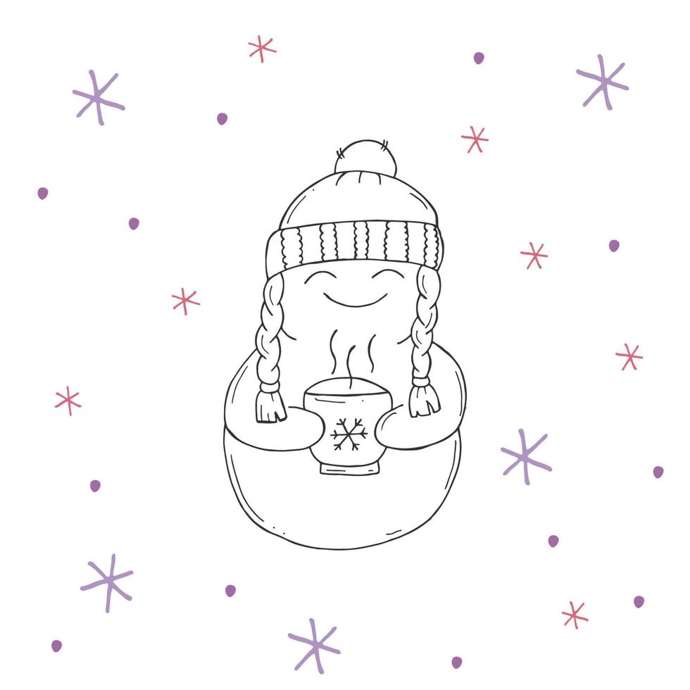 Cute snowman with purple and pink snowflakes on a white background. Vector illustration in doodle style. Winter mood. Hello 2023. Merry Christmas and Happy New Year.