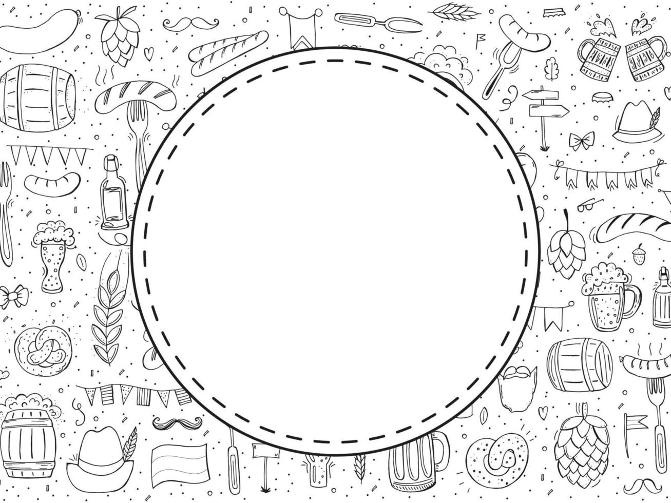 Oktoberfest 2022 - Beer Festival. Hand-drawn Doodle elements. German Traditional holiday. Round emblem with a pattern of outline elements. vector