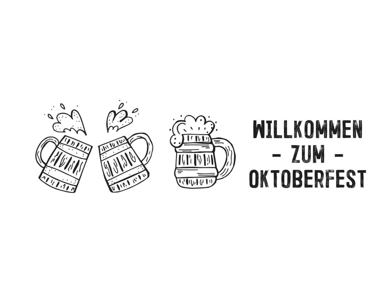 Oktoberfest 2022 - Beer Festival. Hand-drawn set of Doodle Elements. German Traditional holiday. Outline of wooden beer mugs with lettering on a white background. vector